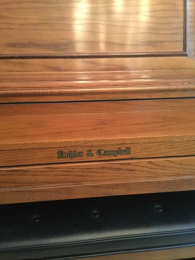 Kohler Campbell Upright Studio Oak Piano 714731 with Tufted Faux Leather topped Storage bench seat Image 2